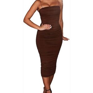 Elegant Brown Ruched Maxi Pencil Dress